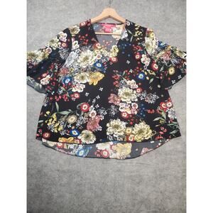 Catherine Malandrino Women's Small Black Floral V-Neck Ruffle Sleeve Blouse